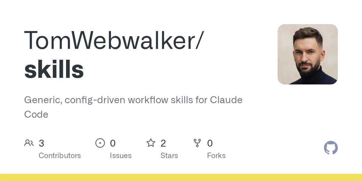 GitHub repository page for TomWebwalker/skills, showing the project description, contributor count and star count.